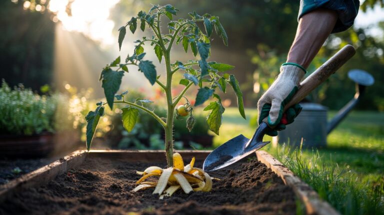 Illustration of chopped banana peels being incorporated into garden soil around plants to supply nutrients and encourage quick revival