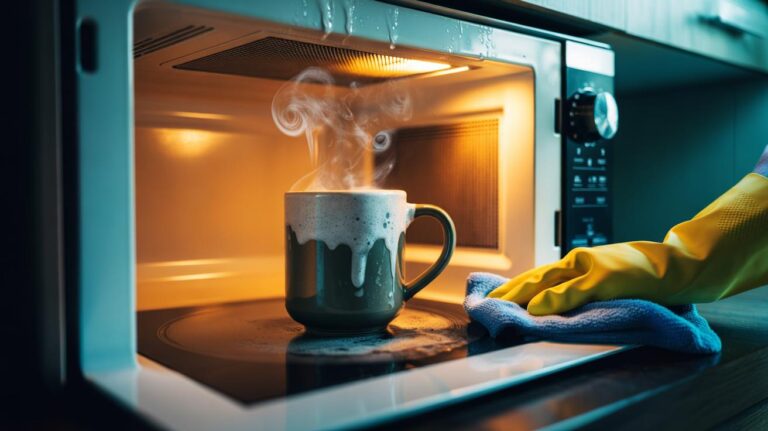 Illustration of a microwave being steam-cleaned using a mug of water mixed with dish soap, as a hand wipes away softened grease in 30 seconds