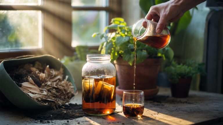 Illustration of used tea bags soaking overnight to create a diluted tea infusion poured onto soil and compost to nourish plants