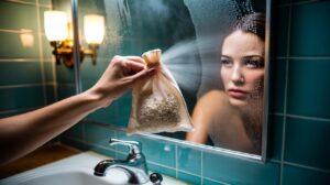 Illustration of a hand using a rice-filled pouch to clear fog from a bathroom mirror