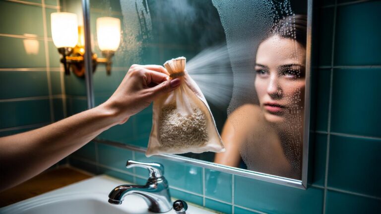 Illustration of a hand using a rice-filled pouch to clear fog from a bathroom mirror