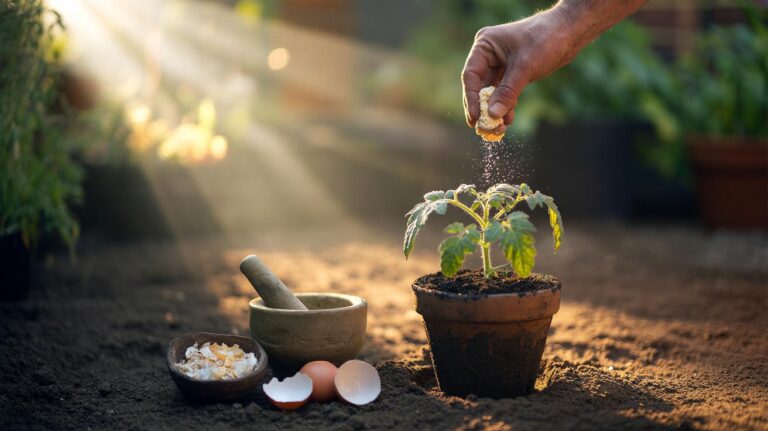 Illustration of crumbled eggshells being sprinkled onto garden soil around young vegetable seedlings